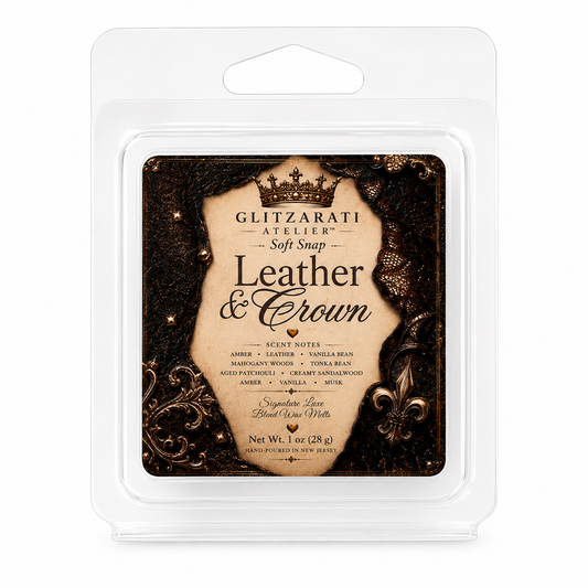 Wax melt packaging with 'Glitzerati Atelier' branding and 'Leather & Crown' scent description.