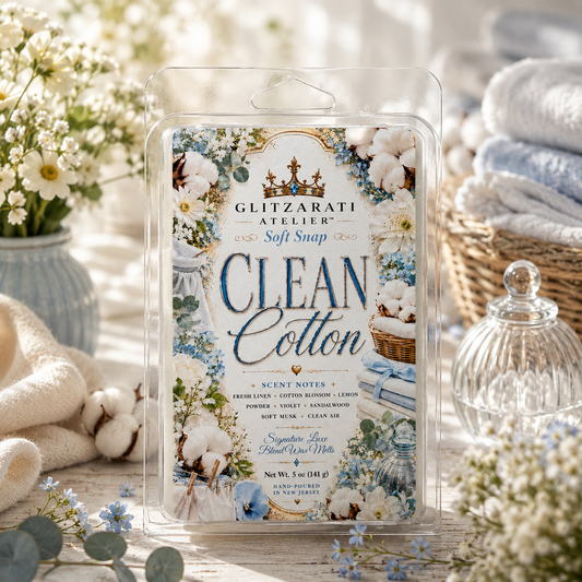 Clean Cotton | Signature Luxe Blend Wax Melt | Fresh Linen, Cotton Blossom & Soft Musk | 5 oz Clamshell | Glitzarati Atelier™