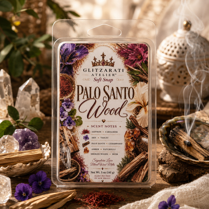 Palo Santo Wood | Signature Luxe Blend Wax Melt | Saffron, Cardamom & Smoked Woods | 5 oz Clamshell | Glitzarati Atelier™