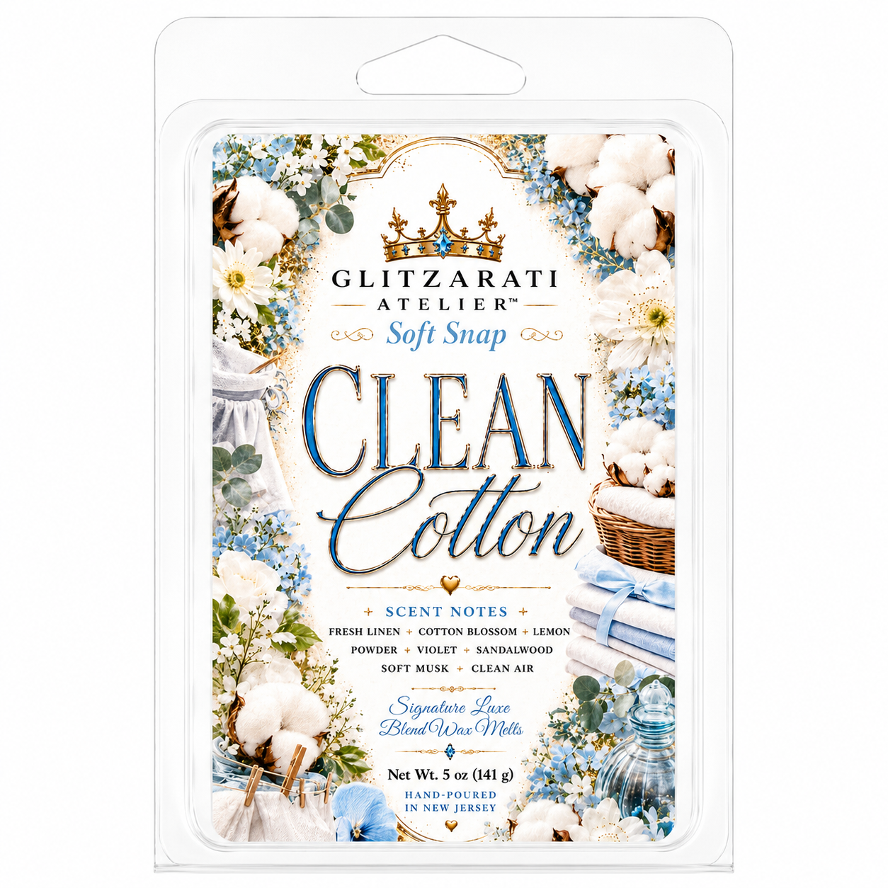 Clean Cotton | Signature Luxe Blend Wax Melt | Fresh Linen, Cotton Blossom & Soft Musk | 5 oz Clamshell | Glitzarati Atelier™