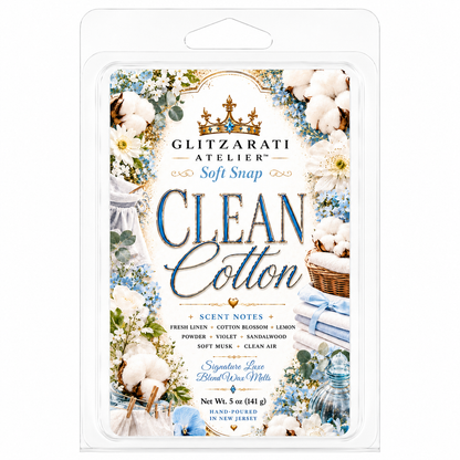 Clean Cotton | Signature Luxe Blend Wax Melt | Fresh Linen, Cotton Blossom & Soft Musk | 5 oz Clamshell | Glitzarati Atelier™