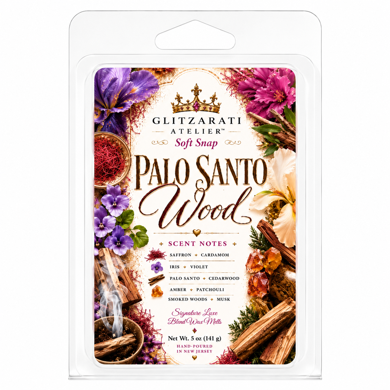 Palo Santo Wood | Signature Luxe Blend Wax Melt | Saffron, Cardamom & Smoked Woods | 5 oz Clamshell | Glitzarati Atelier™