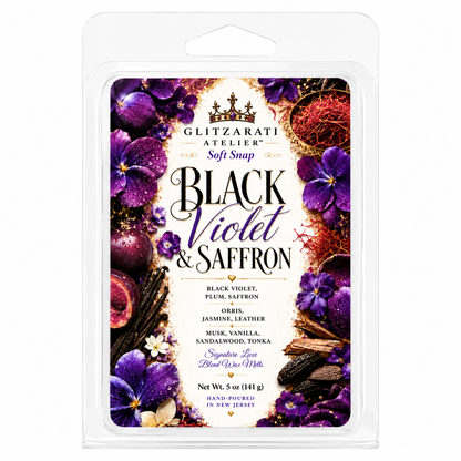 Black Violet & Saffron | Signature Luxe Blend Wax Melt | Black Violet, Plum & Saffron Leather | 5 oz Clamshell | Glitzarati Atelier™