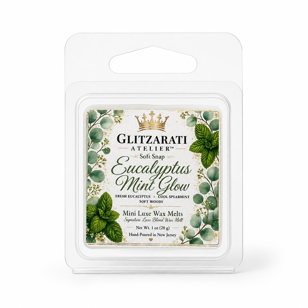 Glitzarati Atelier Eucalyptus Mint Glow wax melt packaging on a white background