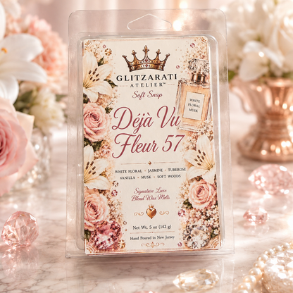 Glitzarati Atelier 'Deja Vu Fleur 57' soft soap packaging with floral design on a decorative background.