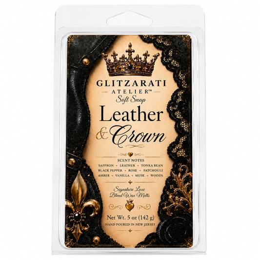 Packaged soft soap with 'Leather & Crown' design and Glitzerati Atelier branding.