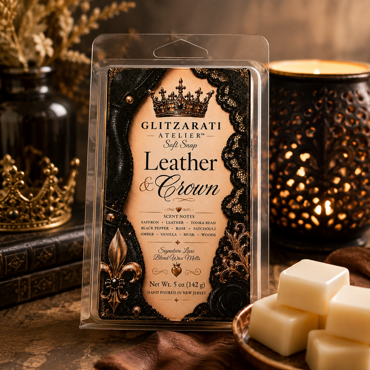 Packaged soft soap with 'Leather & Crown' design and branding on a decorative background.