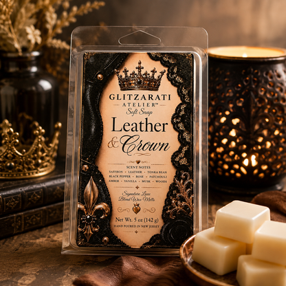 Packaged soft soap with 'Leather & Crown' design and branding on a decorative background.