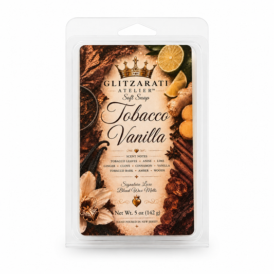 Tobacco Vanilla scented wax melt packaging with branding and product details.