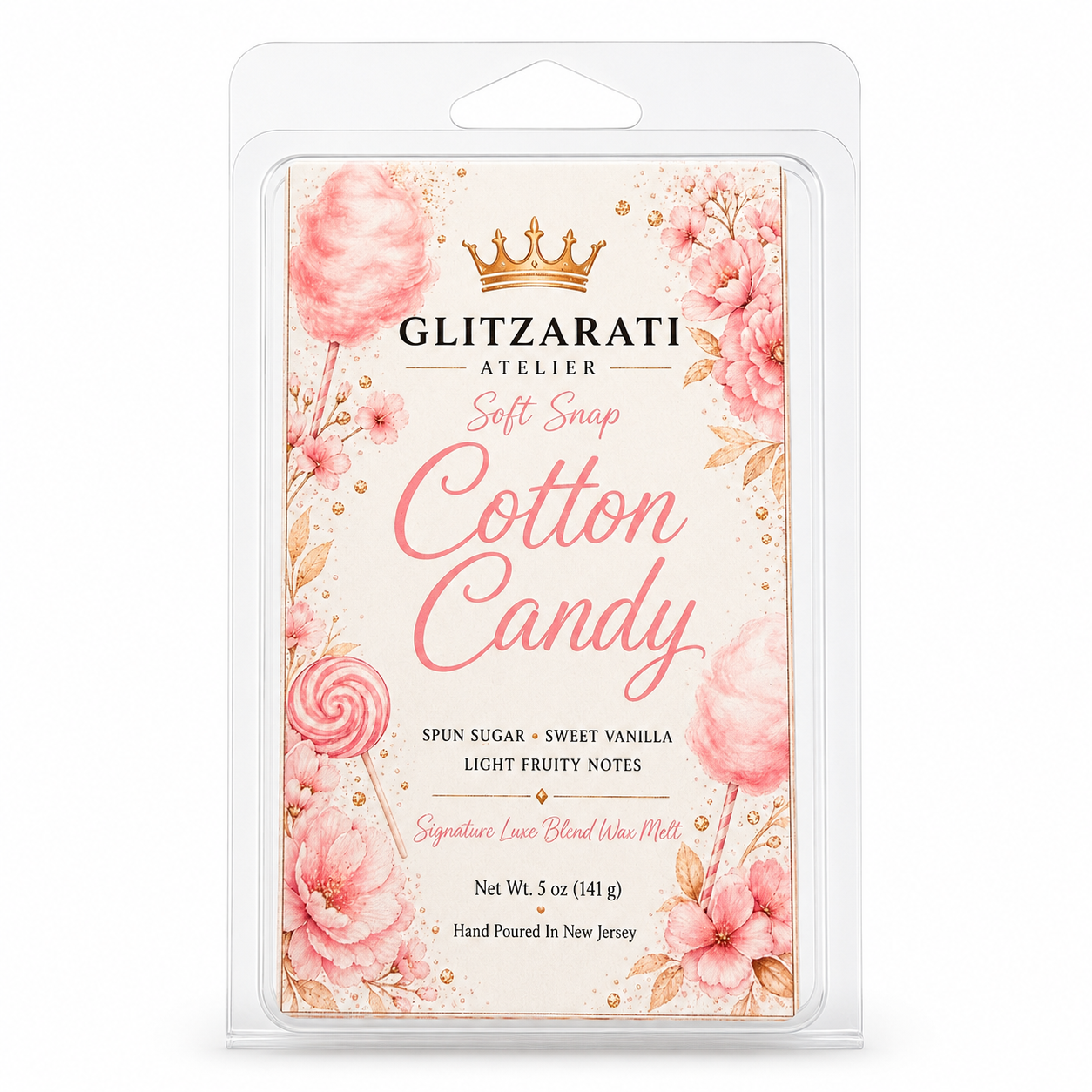 Glitzarati Atelier Cotton Candy wax melt packaging with floral design