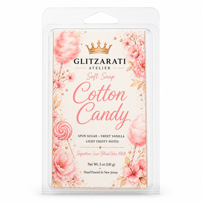 Glitzarati Atelier Cotton Candy wax melt packaging with floral design
