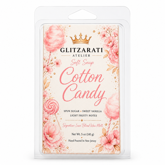Glitzarati Atelier Cotton Candy wax melt packaging with floral design