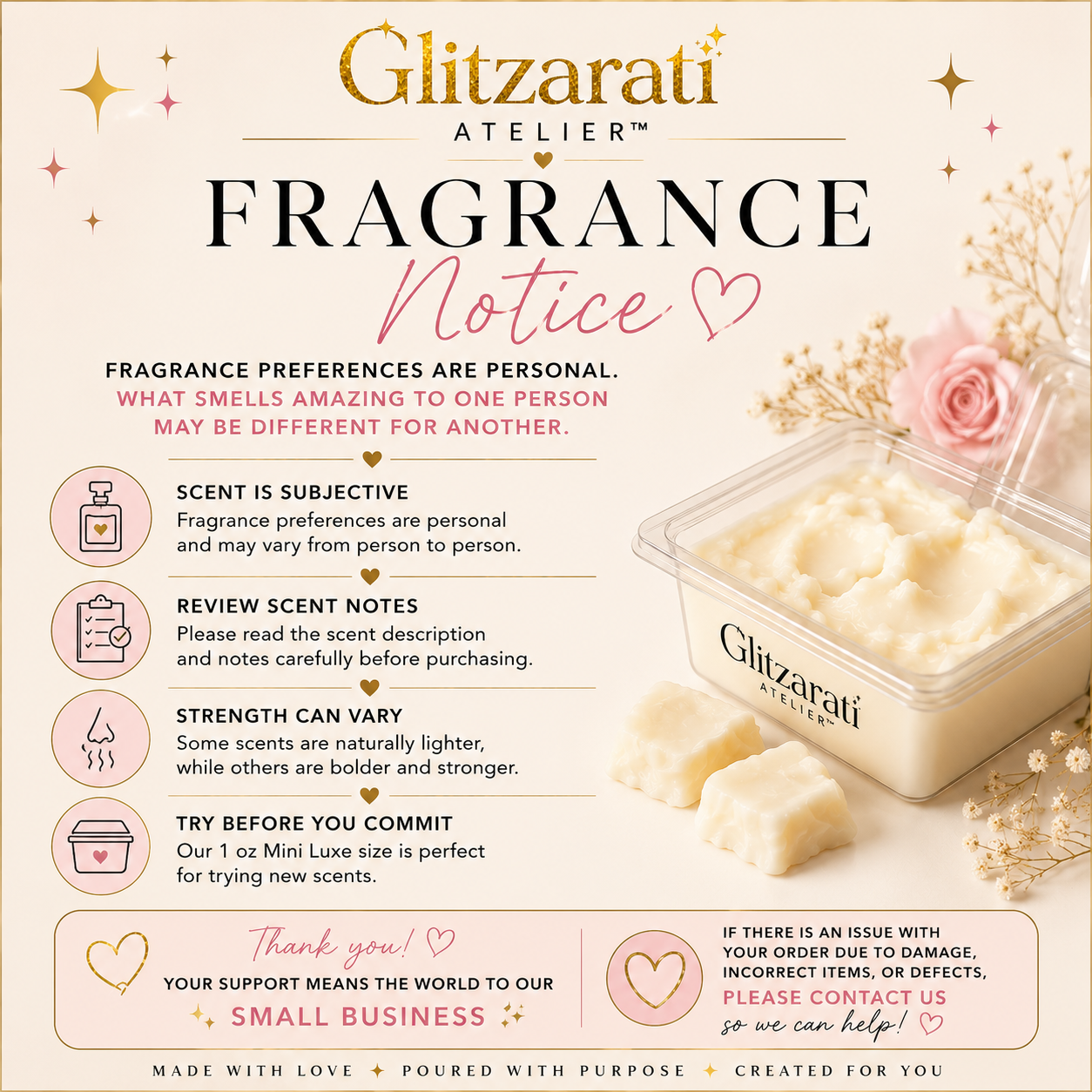 Glitzarati Atelier fragrance notice with product image and text on a light background