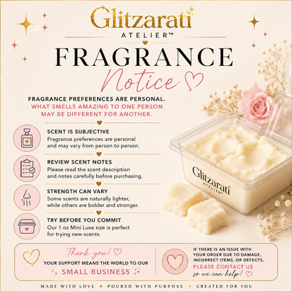 Glitzarati Atelier fragrance notice with product image and text on a light background