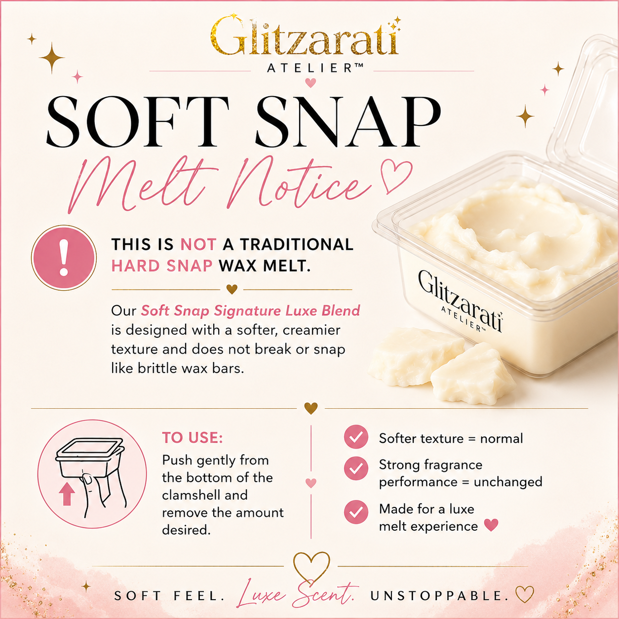 Promotional image of Glitzarati Atelier Soft Snap wax melt with product details and usage instructions.