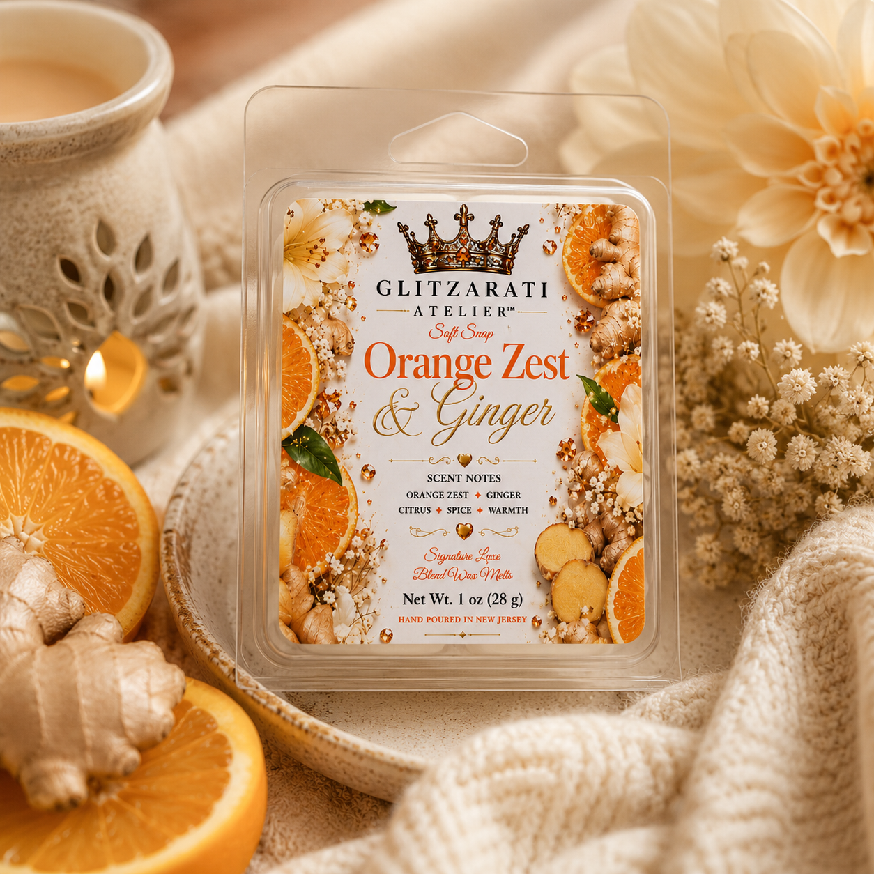 Glitzerati Atelier Orange Zest & Ginger wax melt packaging with oranges and flowers in the background