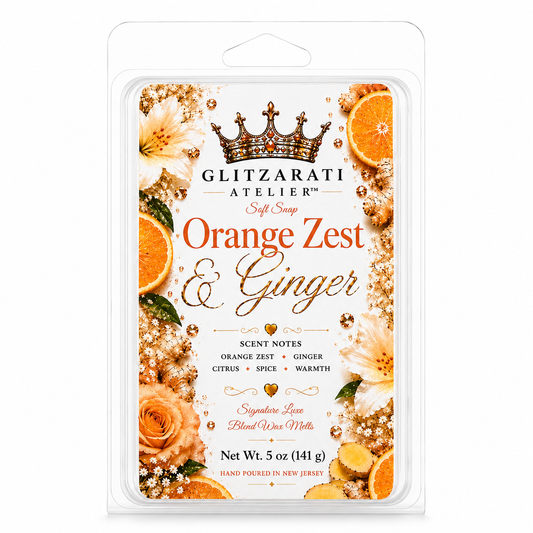 Glitzarati Atelier Orange Zest & Ginger wax melt packaging on a white background
