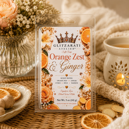 Packaged wax melt with 'Orange Zest & Ginger' scent by Glitzerati Atelier on a decorative background.