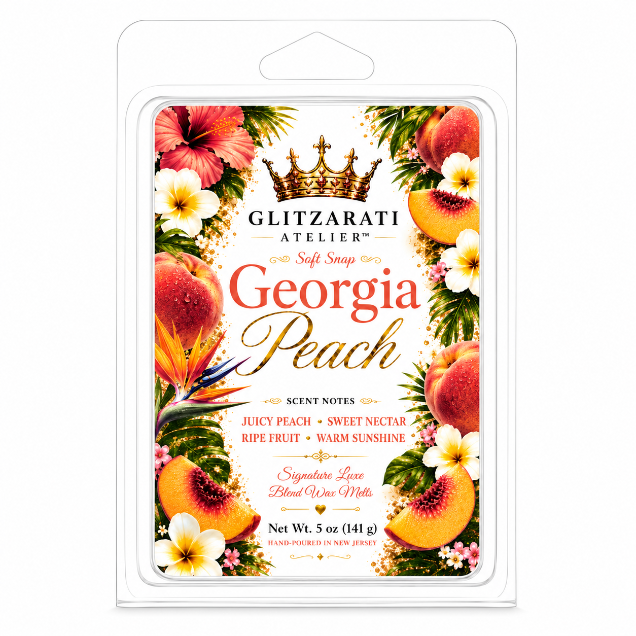 Georgia Peach scented wax melt packaging with floral design