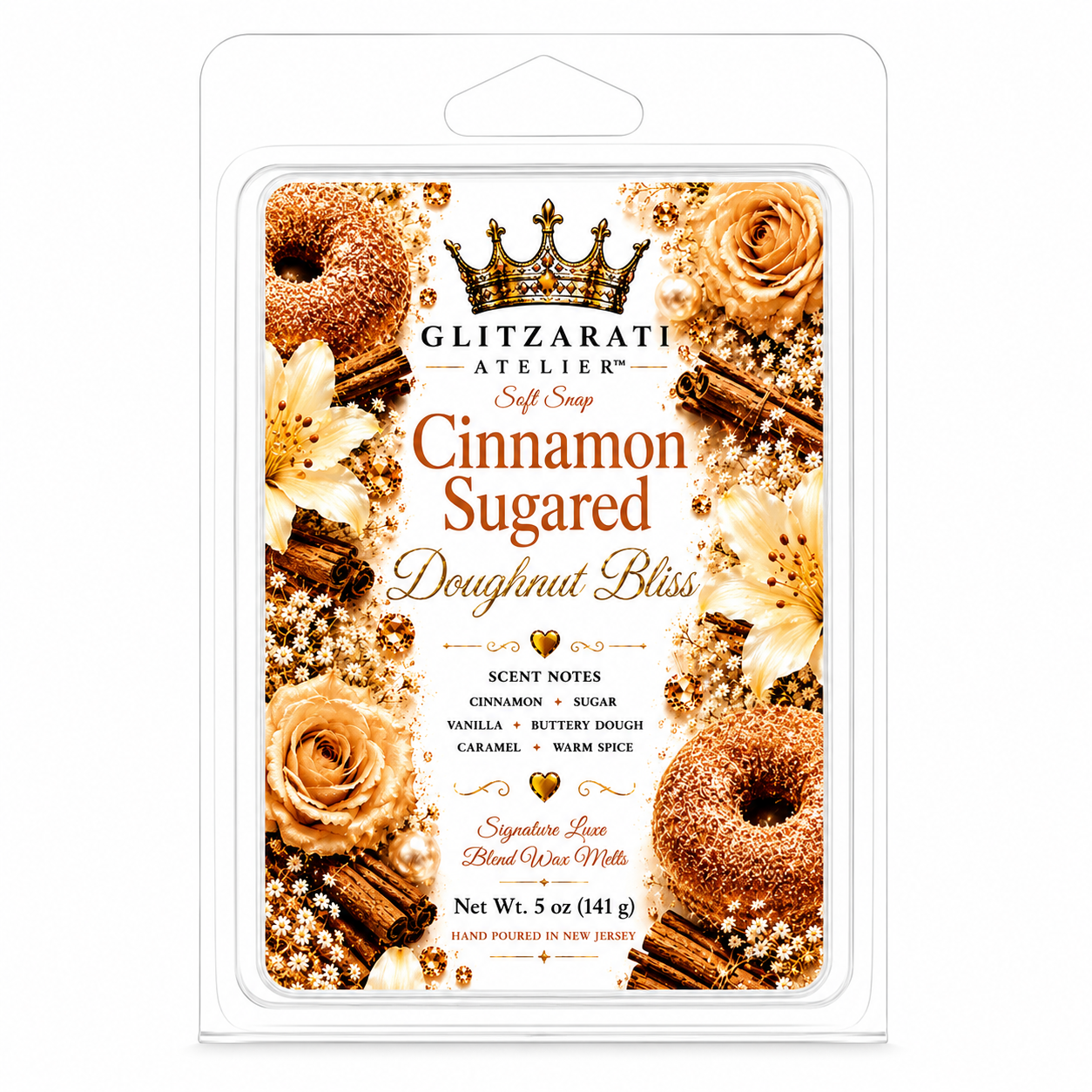 Glitzarati Atelier cinnamon sugared doughnut bliss wax melt packaging with donuts and roses on a white background