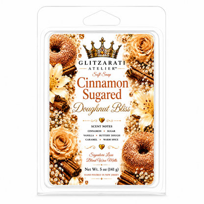 Glitzarati Atelier cinnamon sugared doughnut bliss wax melt packaging with donuts and roses on a white background