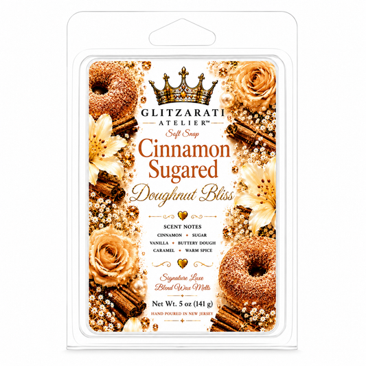 Glitzarati Atelier cinnamon sugared doughnut bliss wax melt packaging with donuts and roses on a white background