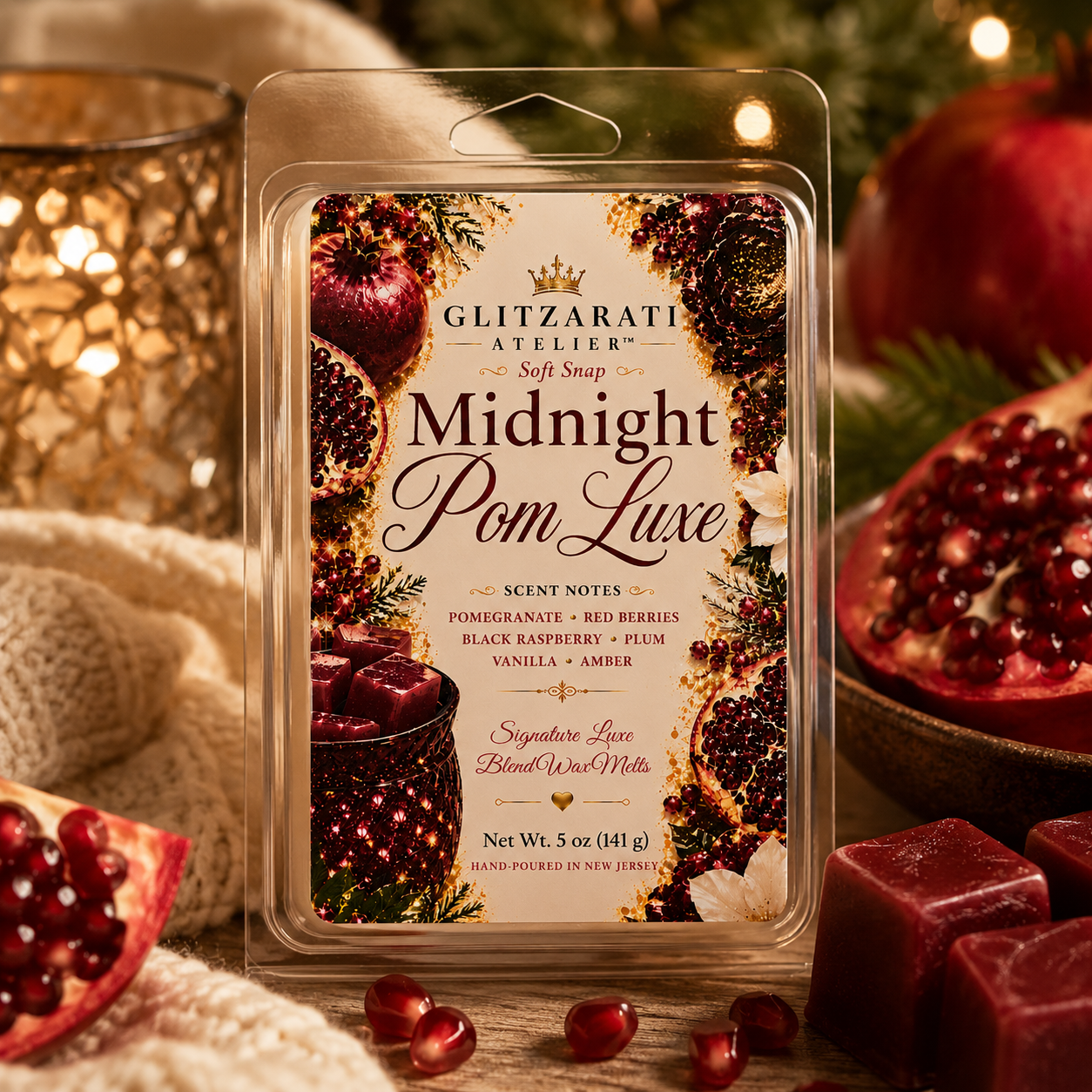 Glitzarati Atelier Midnight Pom Luxe wax melt packaging with pomegranate theme
