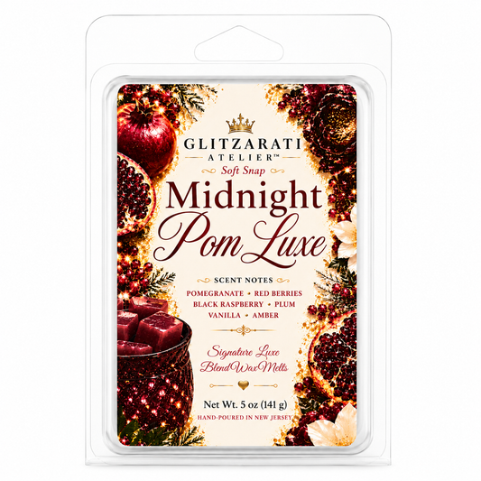 Glitzerati Atelier Midnight Pom Luxe wax melt packaging with pomegranate and berry design.