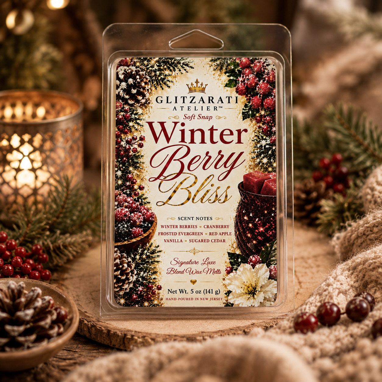 Glitzarati Atelier Winter Berry Bliss wax melt packaging with Christmas decorations in the background