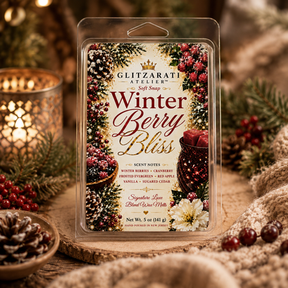 Glitzarati Atelier Winter Berry Bliss wax melt packaging with Christmas decorations in the background