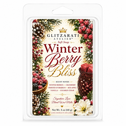 Glitzerati Atelier Winter Berry Bliss wax melt packaging with festive design