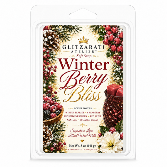 Glitzerati Atelier Winter Berry Bliss wax melt packaging with festive design