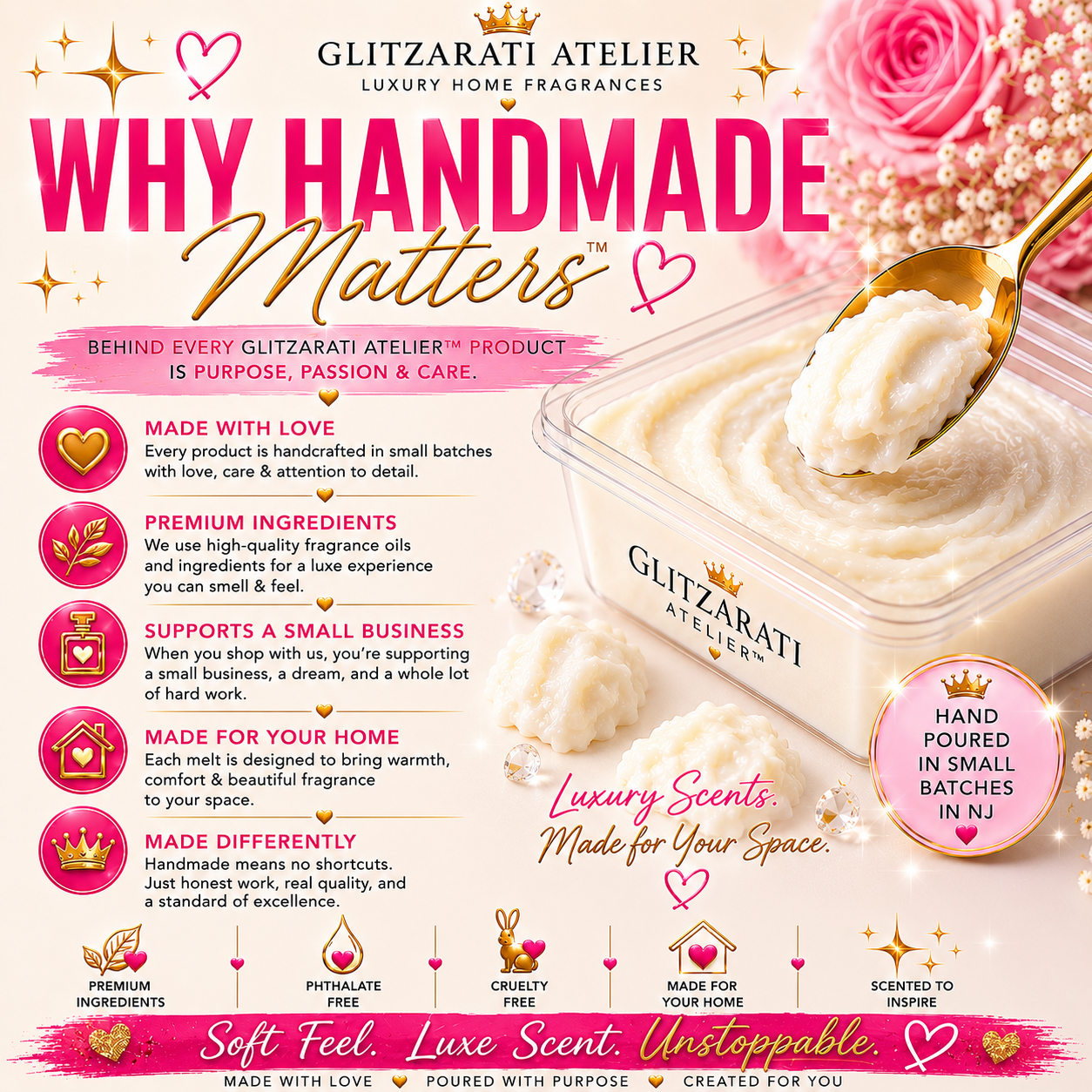 Glitzarati Atelier luxury home fragrance product with text highlighting why handmade matters.