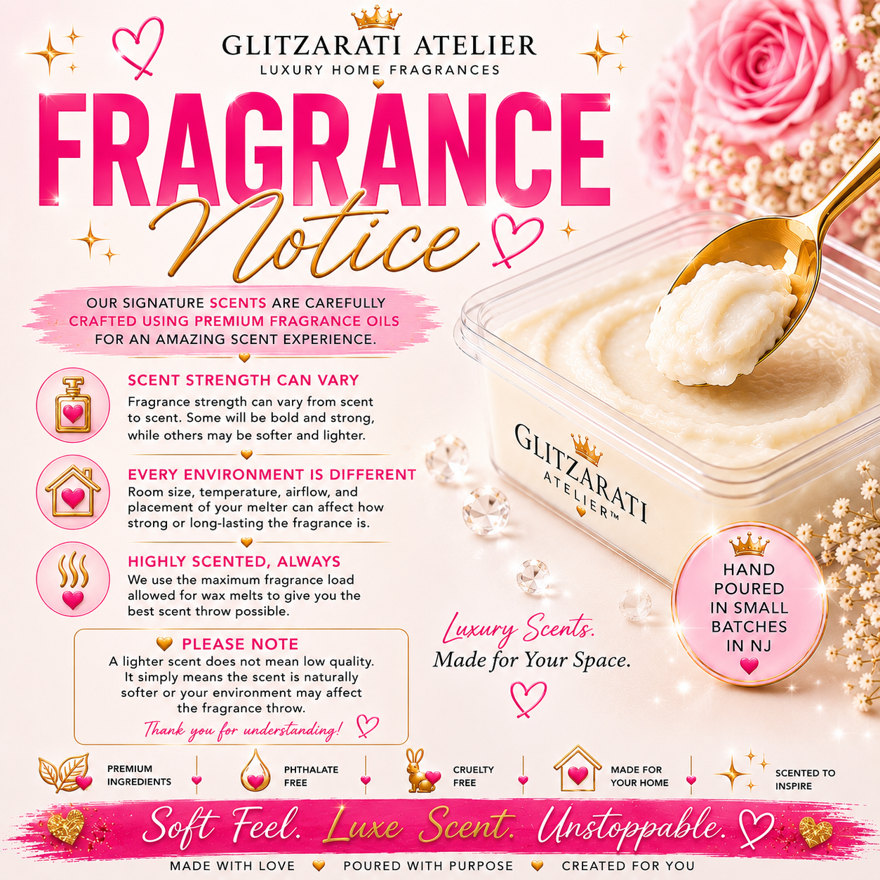Promotional image of Glitzarati Atelier home fragrance product with text and branding elements.