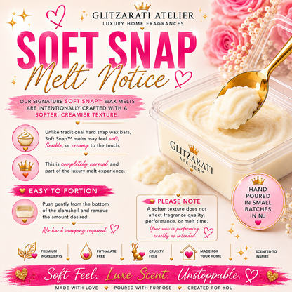 Glitzarati Atelier Soft Snap Melt Notice packaging with wax melt container and spoon.