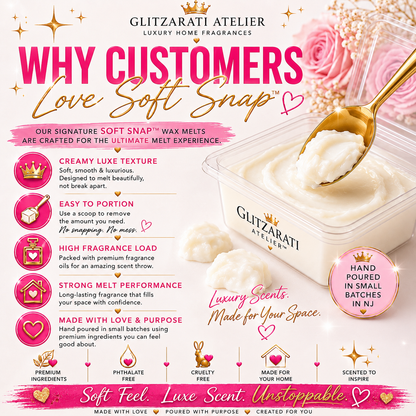 Promotional image of Glitzarati Atelier Soft Snap wax melts with product details and branding.