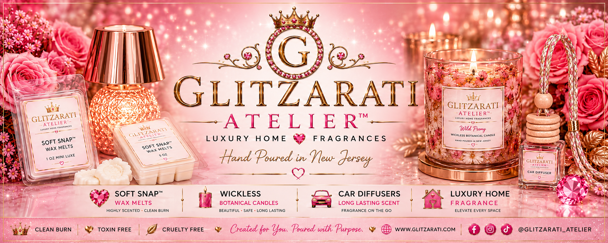 Glitzarati Atelier fragrance products with pink roses and decorative elements on a pink background