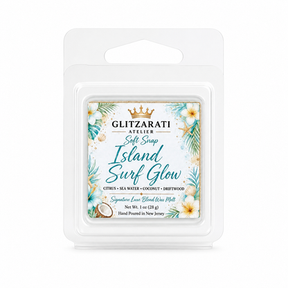 Glitzarati Atelier Island Surf Glow wax melt packaging on a white background