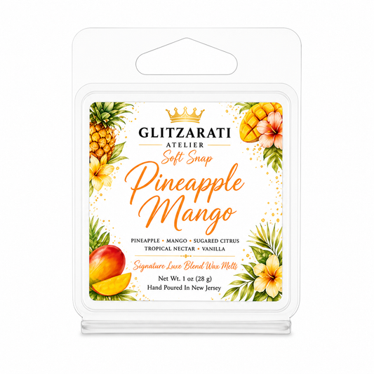 Glitzerati Atelier Pineapple Mango wax melt packaging on a white background