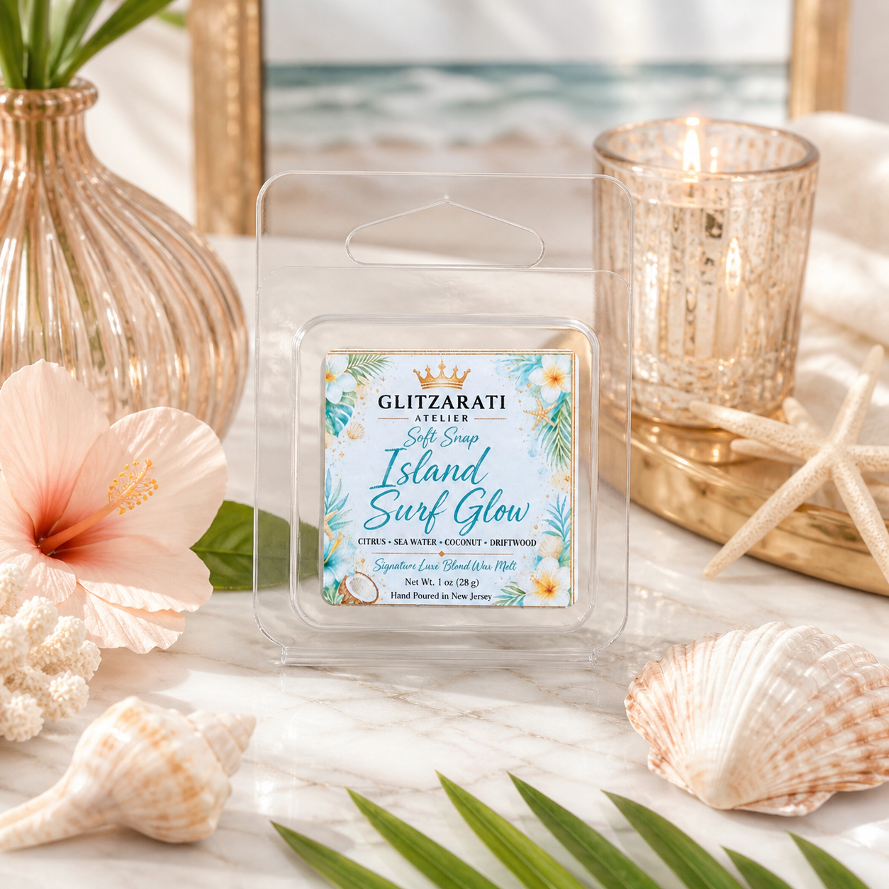 Packaged wax melt with 'Island Surf Glow' label on a decorative surface with flowers and shells.