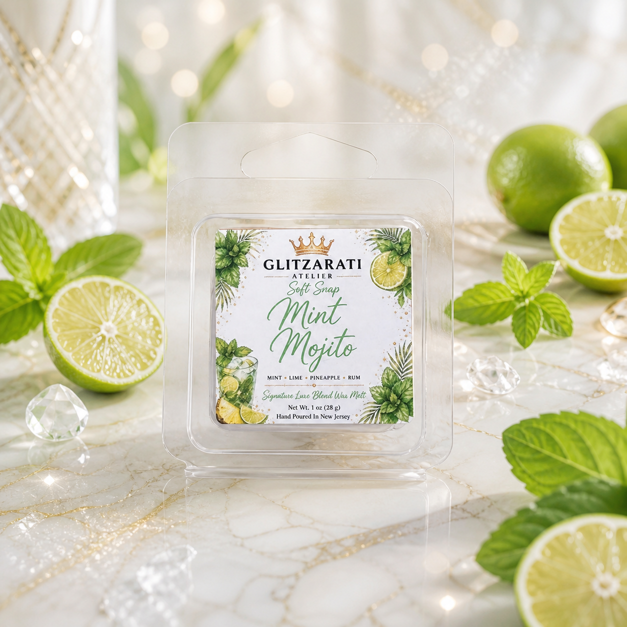 Glitzarati Mint Mojito soft soap bar with limes and mint leaves on a marble surface