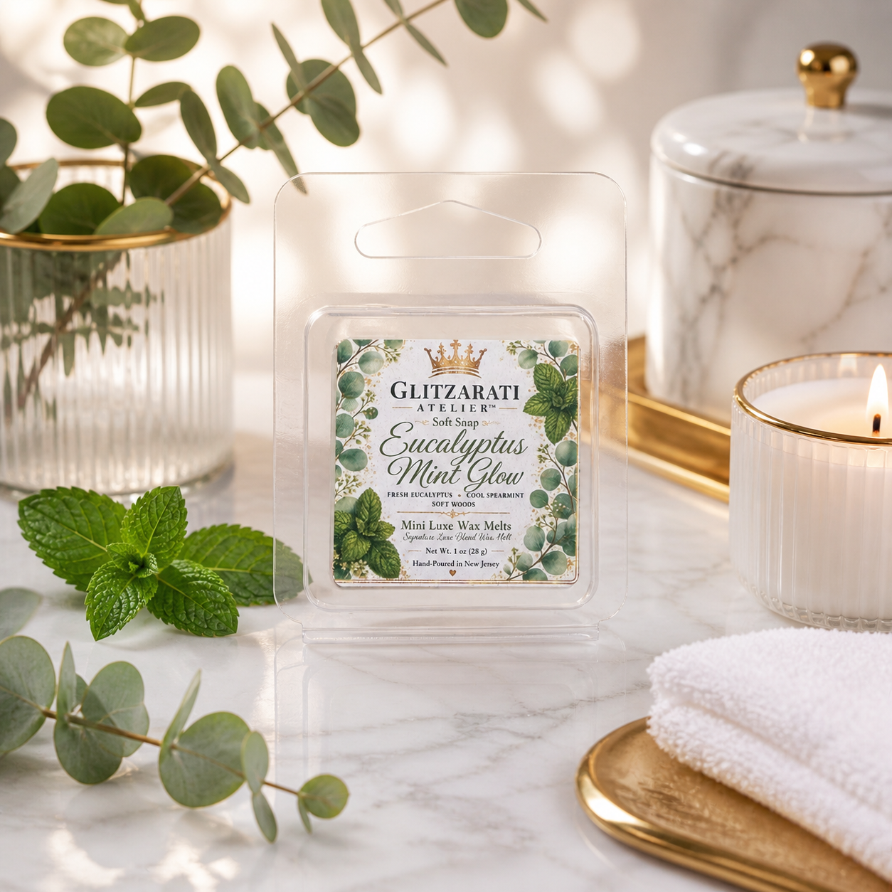 Packaged wax melt with eucalyptus and mint theme on a marble surface with candles and greenery.