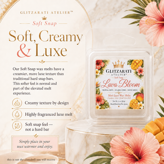 Glitzarati Atelier Lava Bloom wax melt packaging with floral design and product description text.