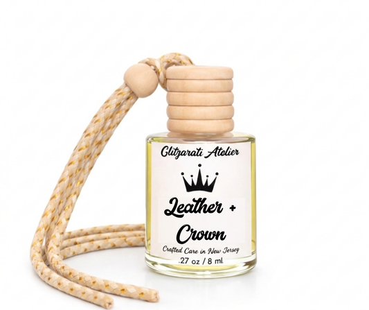 Leather + Crown | Luxe Hanging Car Diffuser | Leather, Soft Florals & Warm Musk | Refillable Glass Freshener