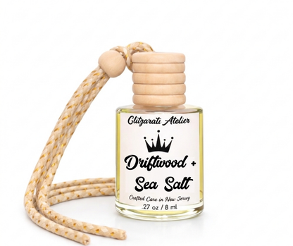 Driftwood + Sea Salt | Luxe Hanging Car Diffuser | Crisp Citrus, Coastal Greens & Velvet Woods | Refillable Glass Freshener