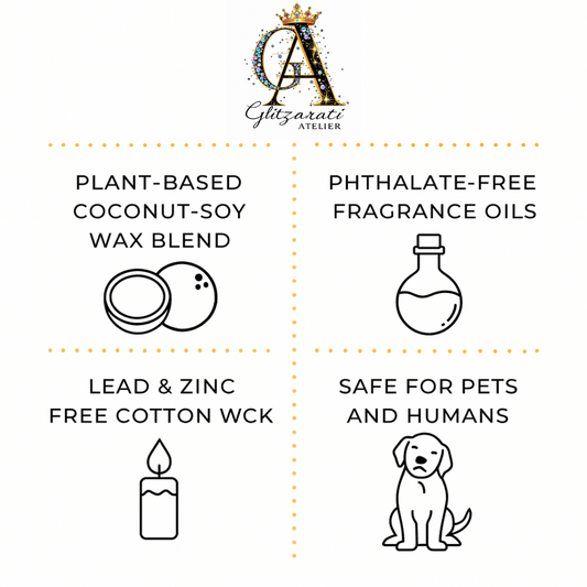 Glitzerati Atelier product features including plant-based wax blend, phthalate-free fragrance oils, lead & zinc-free cotton Wick, and safe for pets and humans.