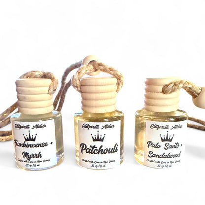 Sacred Earth Trio – Patchouli, Frankincense & Myrrh, Palo Santo & Sandalwood • Grounding Car Diffuser Gift Set | Glitzarati Atelier
