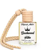 Backwoods Hike | Luxe Hanging Car Diffuser | Elemi, Lavender & Cedarwood Amber Spice | Refillable Glass Freshener