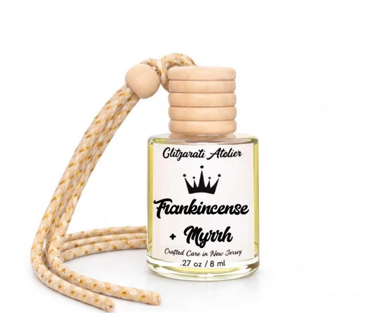 Frankincense + Myrrh Hanging Car Diffuser – Earthy Oud & Resin Incense | 8ml Glass Freshener by Glitzarati Atelier
