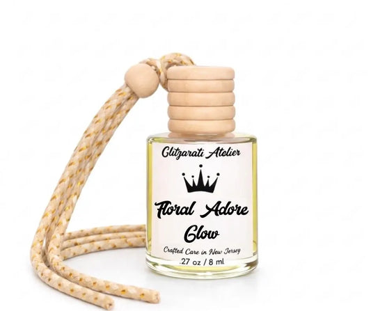 Floral Adore Glow | Luxe Hanging Car Diffuser | Ylang-Ylang, Rose & Jasmine | Refillable Glass Freshener